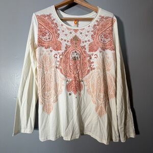 Lucy Top XL Cream Floral Boho Long Sleeve Cotton Lightweight Casual